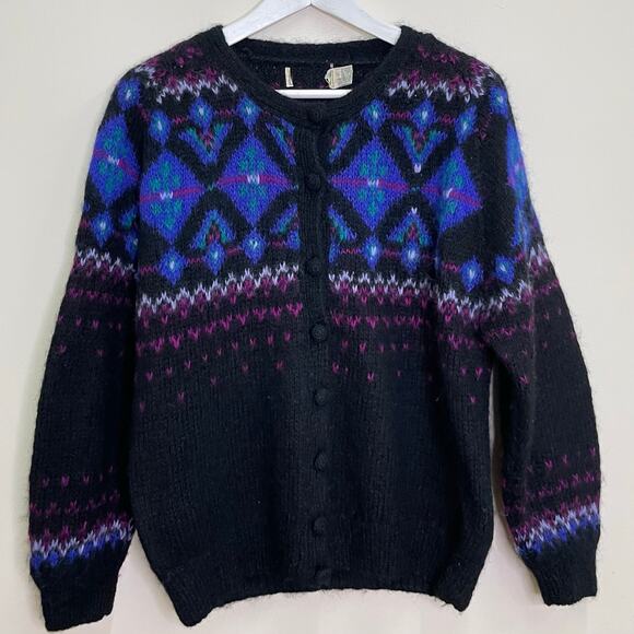Vintage L.L. Bean Women's Size S Black Mohair-Nylon Fair Isle Cardigan Sweater - Picture 10 of 10